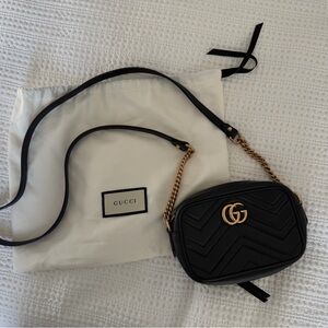 Gucci Black Chevron Mini Marmont Crossbody Bag with Gold Hardware